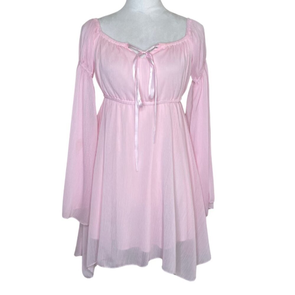 Women's Sheer Lined Balloon Flare Sleeve Mini Lace Babydoll Pink Off Shoulder S